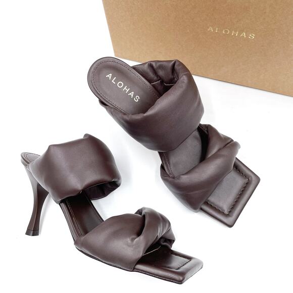 Alohas Twist Strap Sandals‎ Coffee Brown Leather Heels Square Toe Sz 37 / 6.5 - Picture 2 of 10